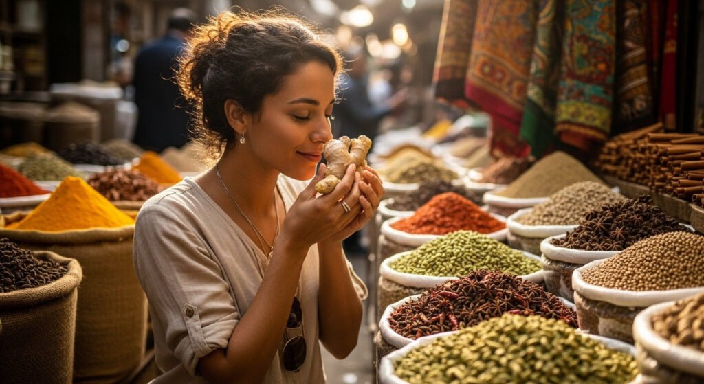 Mulher em um mercado na Índia aprendeu sobre remédios caseiros para garganta inflamada
