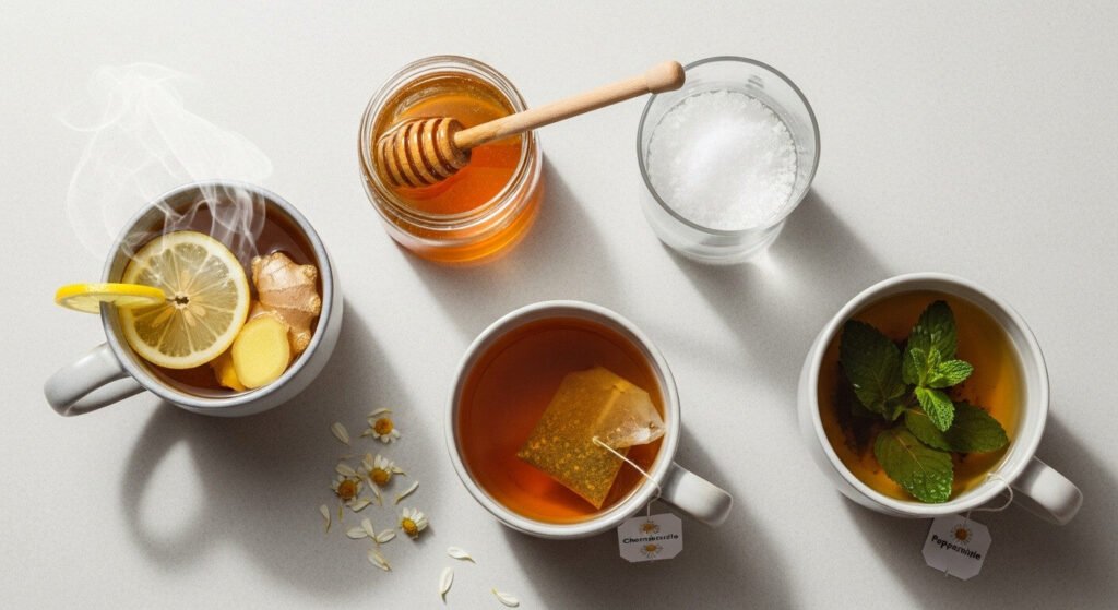 Ingredientes naturais como gengibre, mel e hortelã para aliviar a garganta inflamada 