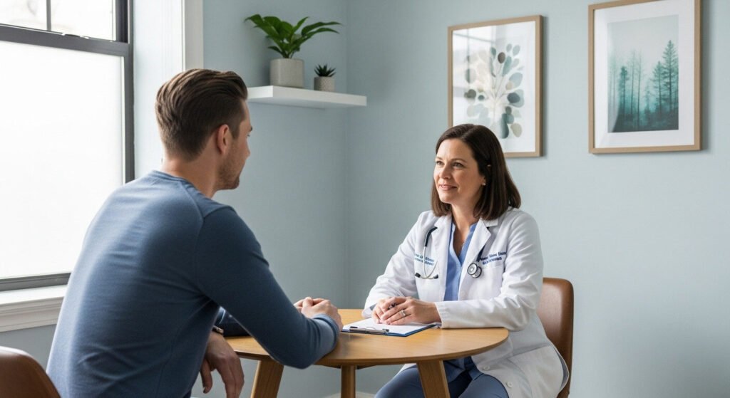 Pessoa buscando atendimento médico devido a dor de garganta persistente.