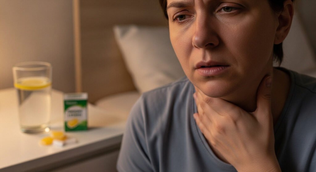 Ilustração mostrando os sintomas de uma garganta inflamada, como dor e inchaço.