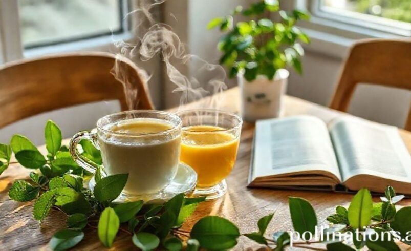 Chá diurético em uma xícara com ervas frescas ao redor