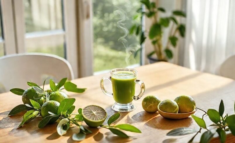 Copo de suco verde rodeado por limões e folhas verdes em uma mesa ensolarada.