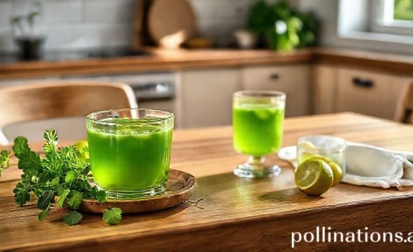 Dois copos com bebida verde em bancada de cozinha, acompanhados de limões e ervas frescas.