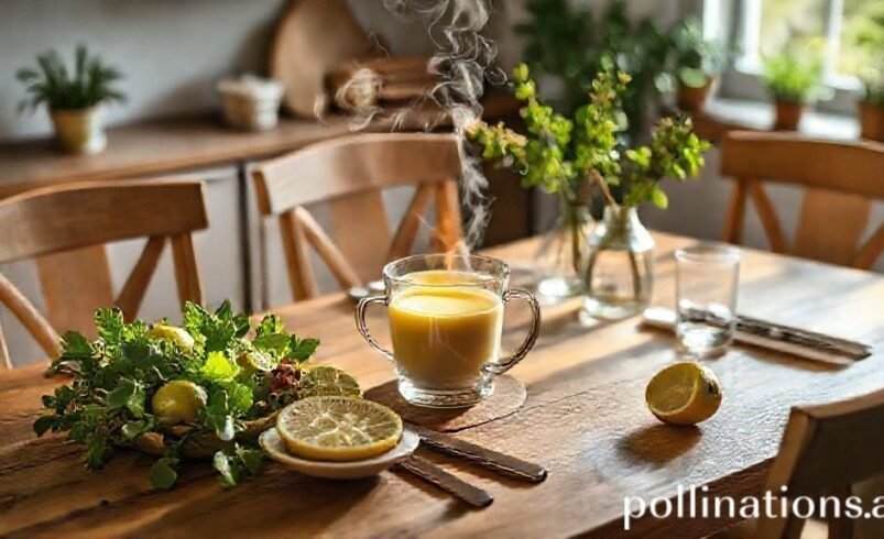 Mesa de madeira com chá fumegante em xícara de vidro, limão e ervas frescas.