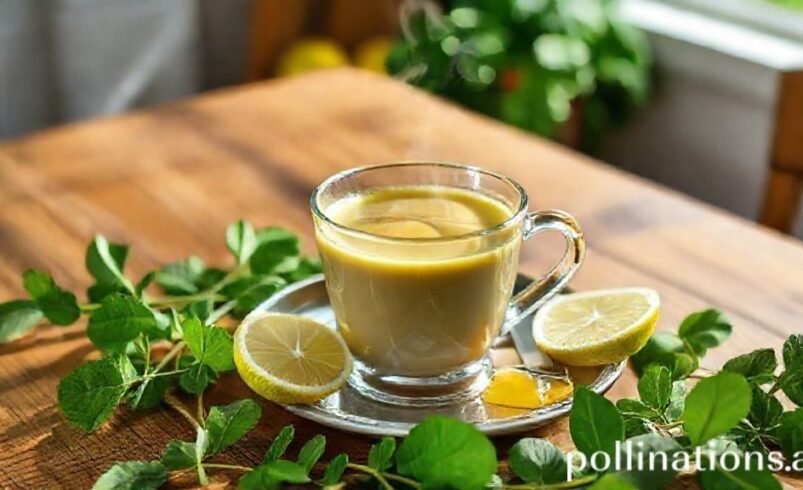 Xícara de chá quente com limão, mel e folhas frescas sobre mesa de madeira.