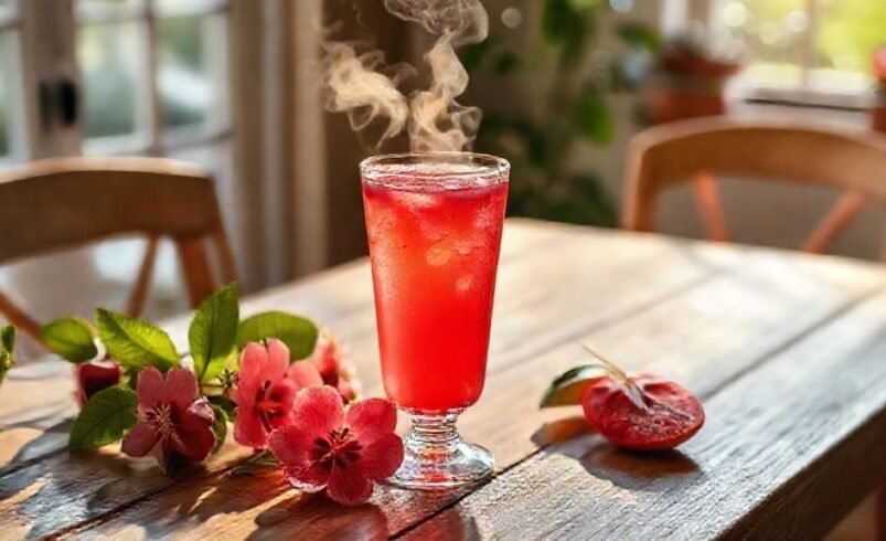 Copo de bebida vermelha com vapor sobre mesa de madeira decorada com flores e maçã.