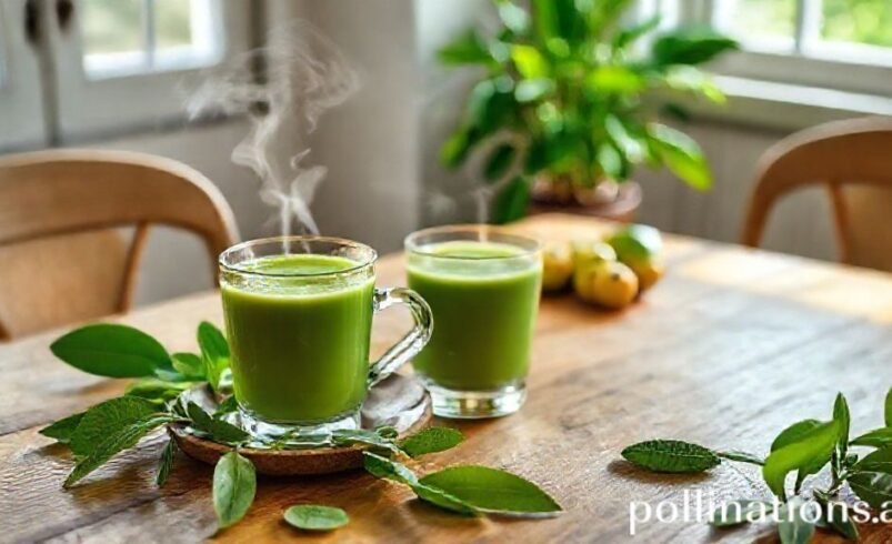 Duas xícaras de chá verde fumegante em mesa de madeira, plantas ao fundo.