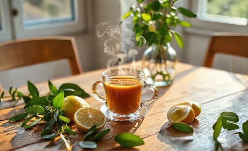 Copo transparente com chá quente ao lado de limões e folhas verdes em uma mesa de madeira.