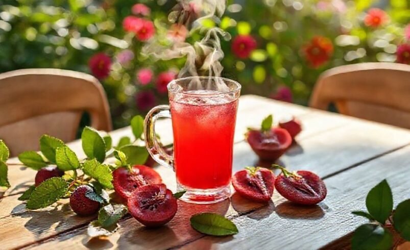 Xícara de chá vermelho com frutas e folhas em mesa de madeira ao ar livre.