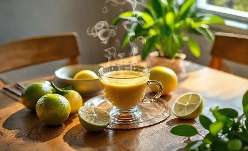 Copo de chá quente com limão em uma mesa de madeira, cercado por frutas e plantas.