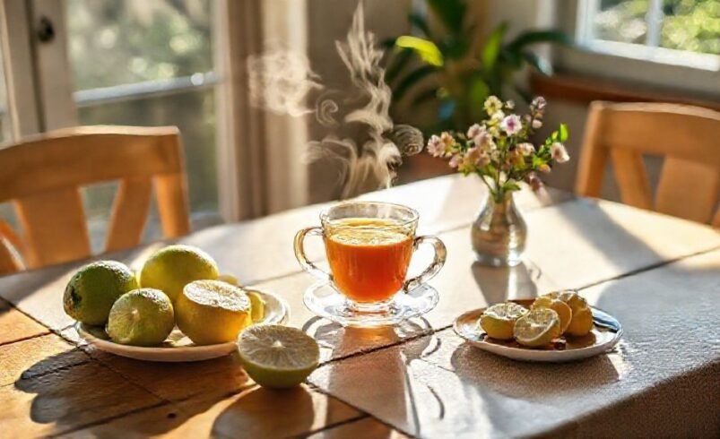 Mesa de madeira com chá quente, limões e arranjo de flores em ambiente iluminado.