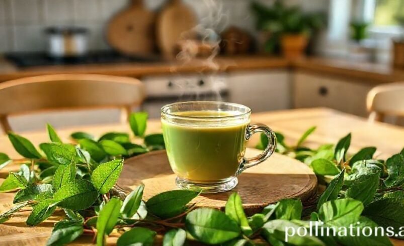 Xícara de chá verde quente sobre mesa cercada de folhas em cozinha iluminada.