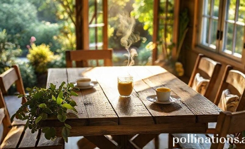 Mesa de madeira com café e suco ao sol, cercada por vegetação.