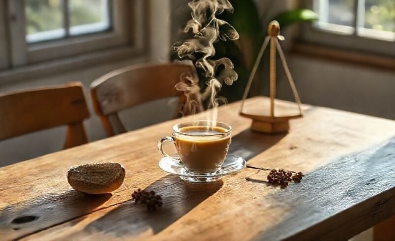 Xícara de café fumegante em uma mesa de madeira com iluminação natural.