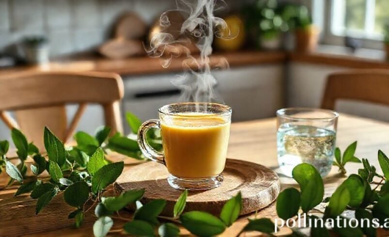 Xícara de chá com vapor em mesa de madeira decorada com folhas verdes.