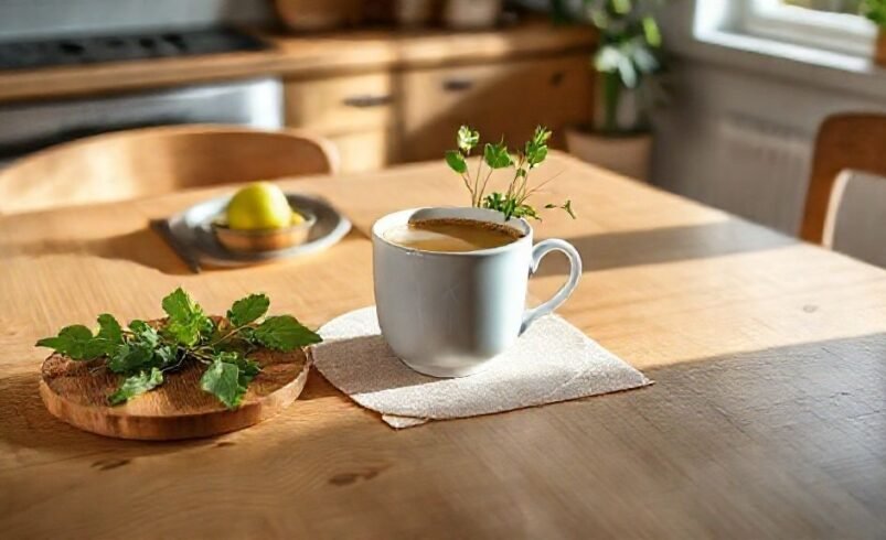 Xícara de chá sobre mesa de madeira clara com plantas e um limão ao fundo.