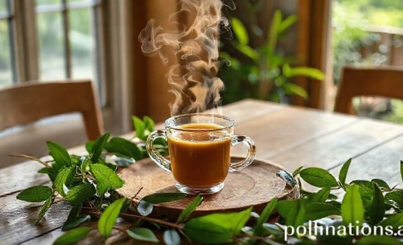 Xícara de chá quente com vapor, rodeada por folhas verdes em torno de uma mesa de madeira.