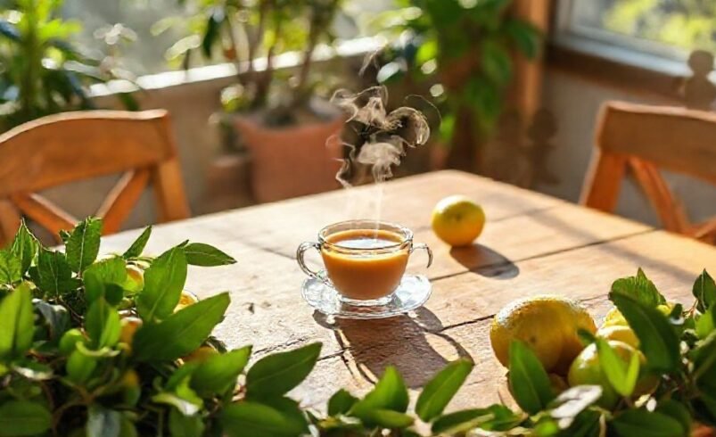 Xícara de chá quente em mesa de madeira cercada por folhas e frutas sob luz natural.