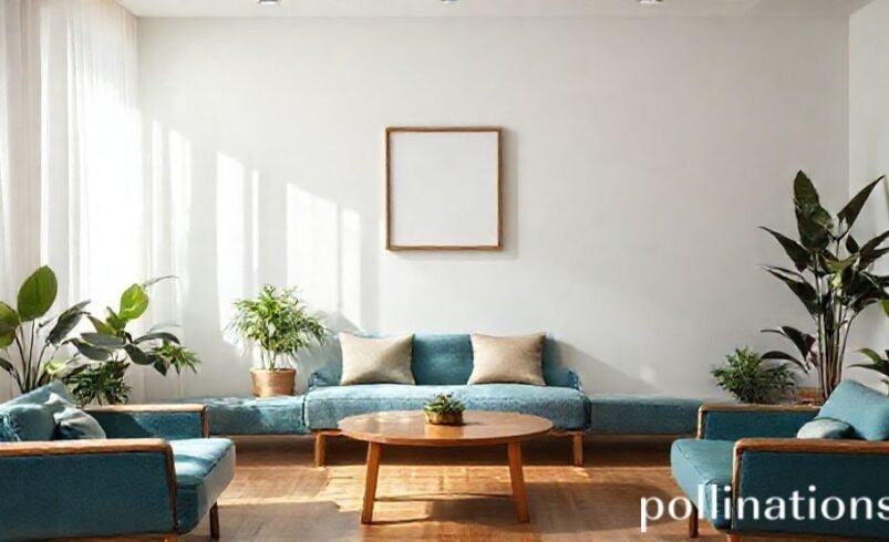 Sala clara com sofá azul, poltronas e plantas em ambiente iluminado.