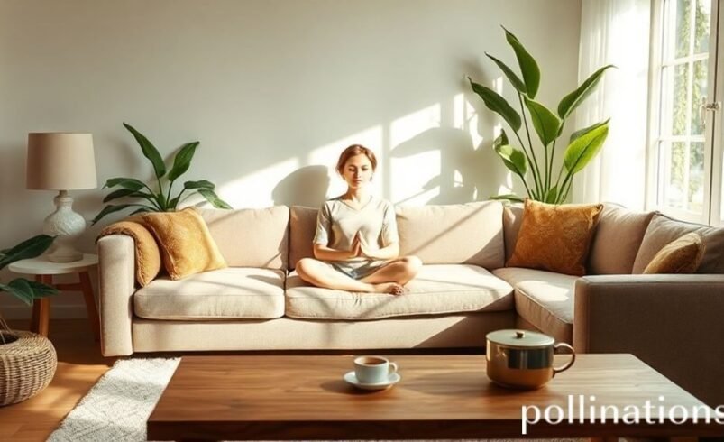 Sala de estar com sofá claro, plantas e luz natural.