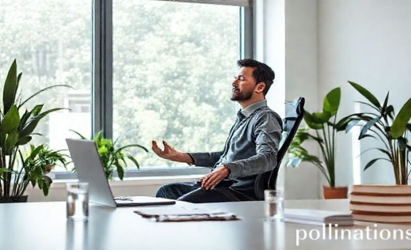 Pessoa sentada em uma mesa de escritório com laptop e plantas ao redor.