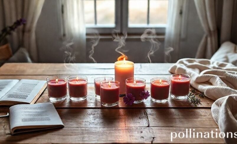 Mesa de madeira com velas decorativas acesas e livro aberto ao lado.