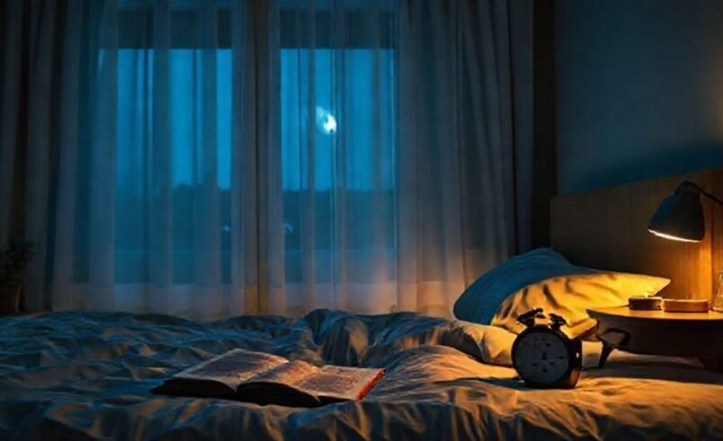 Quarto com cama, abajur aceso, livro aberto e janela mostrando a lua.