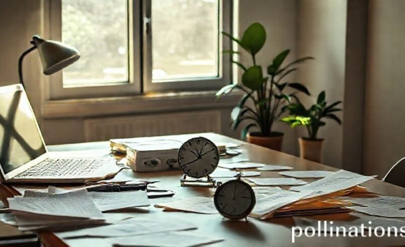 Mesa com laptop, papéis espalhados, luminária e plantas ao fundo.
