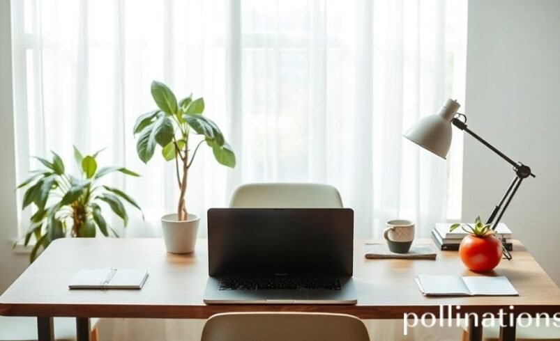 Mesa de trabalho com laptop, luminária e plantas ao fundo.