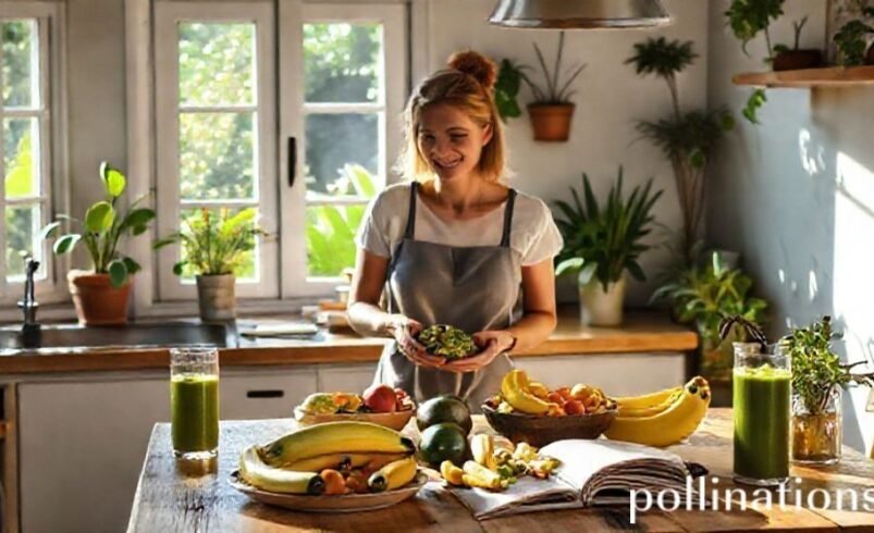 Mulher em cozinha com bancada cheia de frutas e vegetais.