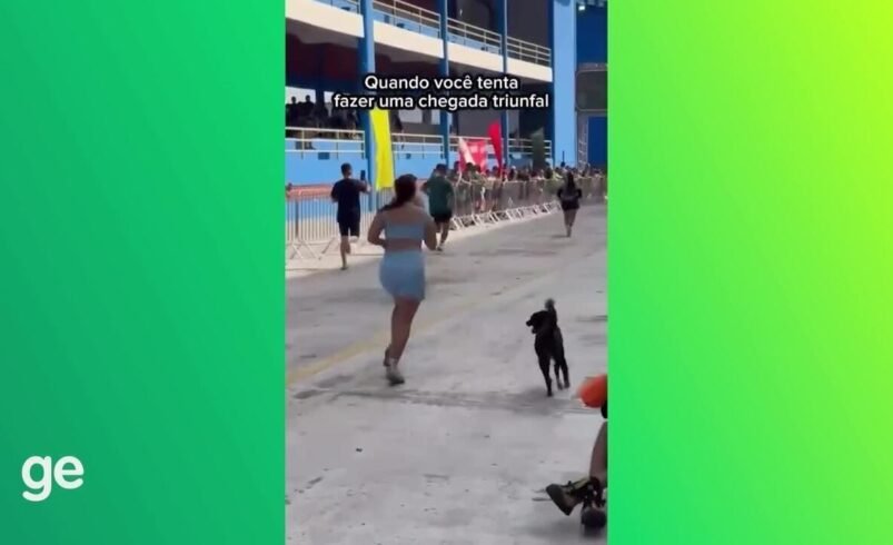 Corredora viraliza ao ser derrubada por cachorro no fim da prova: “Briguei com ele, sai correndo e terminei”
