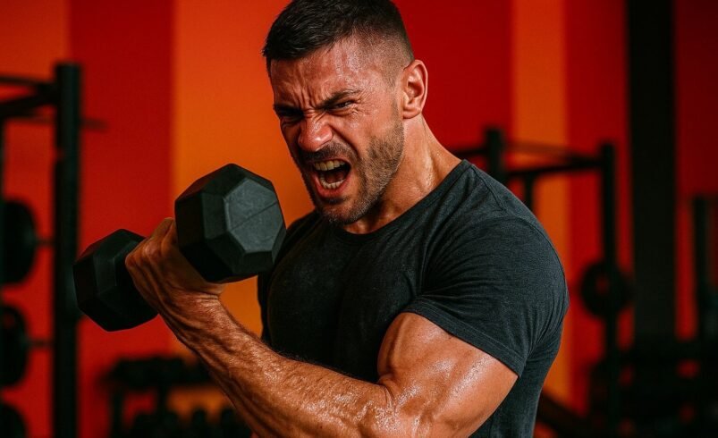 Pessoa segurando halteres em ambiente de academia com fundo laranja.