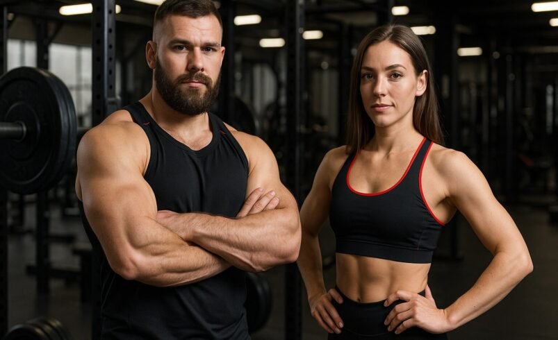 Homem e mulher com roupas esportivas em academia equipada, prontos para treino.