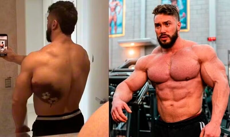 Homem musculoso mostrando costas e peitoral em academia e selfie.