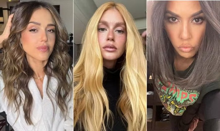 Três estilos de cabelos: ondulado castanho, liso loiro e liso escuro.