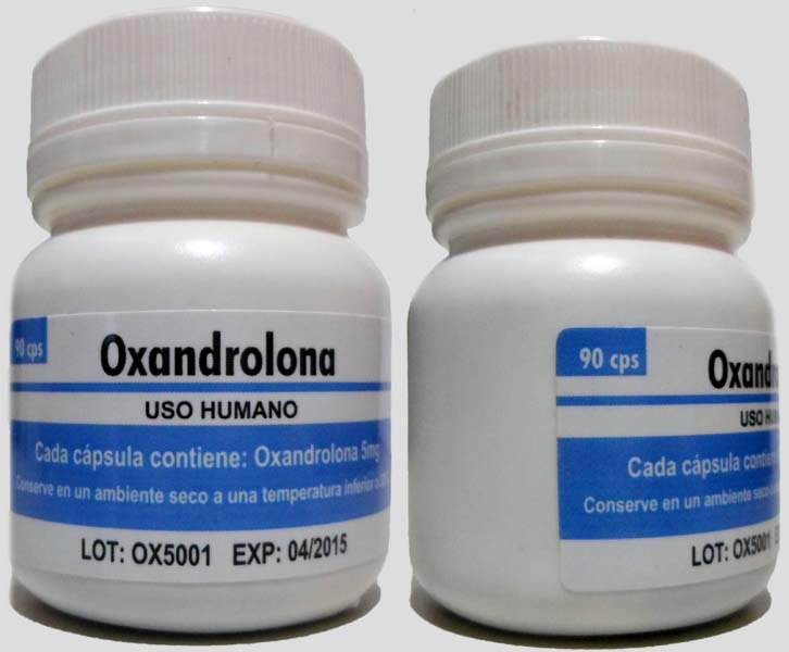 Dois frascos brancos de Oxandrolona com rótulos indicando uso humano.
