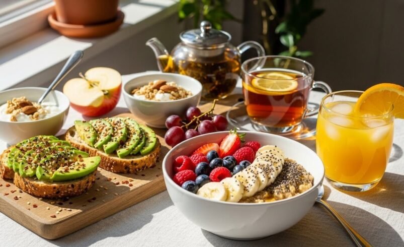 Mesa com tigela de frutas, chá, torradas com abacate e suco de laranja.