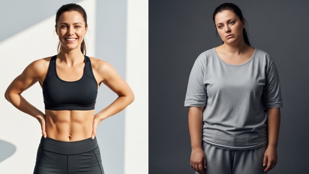 Comparação de antes e depois de transformação física com roupas esportivas e casuais.