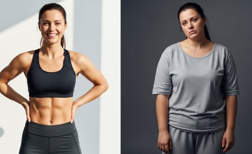 Comparação de antes e depois de transformação física com roupas esportivas e casuais.