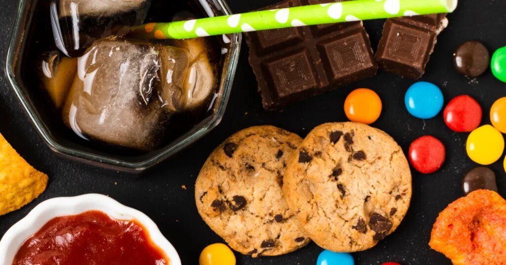 Estudo inédito do Lancet pede ação contra o poder dos ultraprocessados 1 Mesa com refrigerante, biscoitos, chocolate e doces variados.