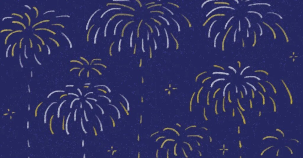 Ilustração de fogos de artifício em cores amarelas e brancas sobre fundo azul escuro.