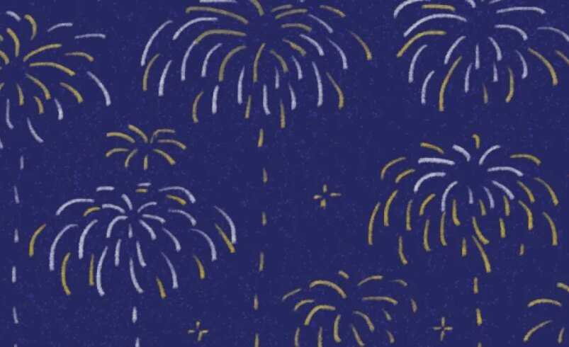 Ilustração de fogos de artifício em cores amarelas e brancas sobre fundo azul escuro.