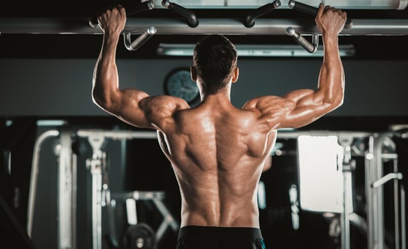 Homem de costas realizando exercício de barra fixa em academia.