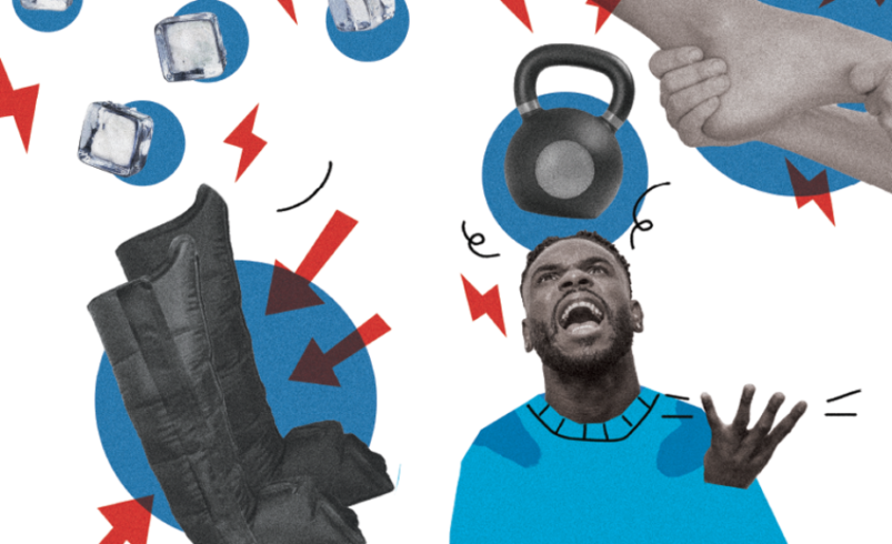 Montagem com botas, gelo, peso, mão segurando pé e fundo azul.