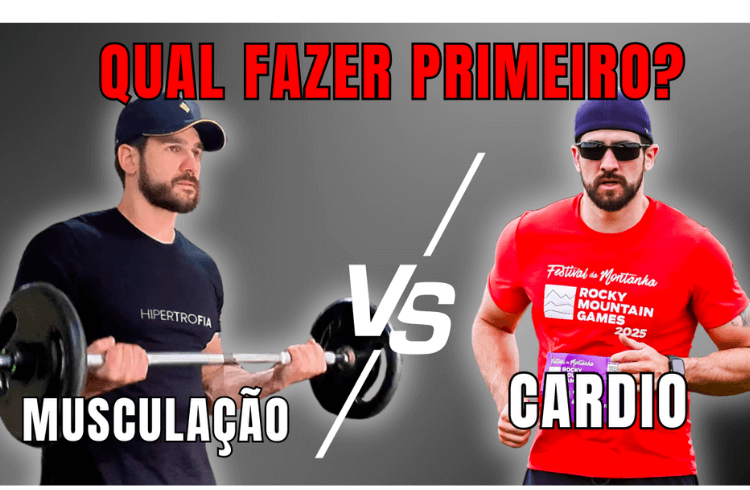 Pessoa levantando peso à esquerda e correndo à direita, com texto 'Qual fazer primeiro?'