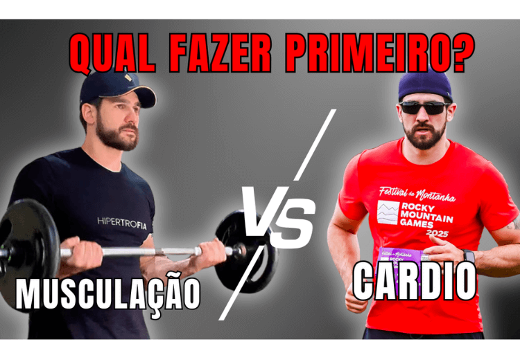Pessoa levantando peso à esquerda e correndo à direita, com texto 'Qual fazer primeiro?'