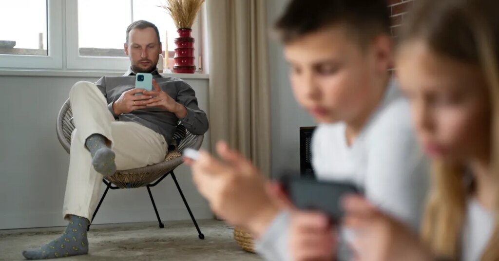 side view blurry kids with smartphones